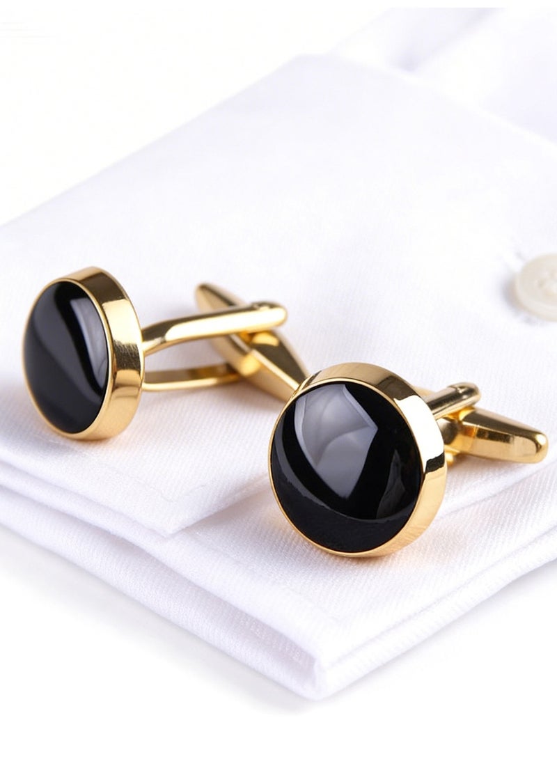 DB Innov. Cufflinks, Black Gemstone Goden Frame Round-Shape Cufflinks, 2 PCS for One Set Premium Copper Jewelry Specially Design for Men's Shirt Wedding Business Gift with Delicate Package Box. - Image 1